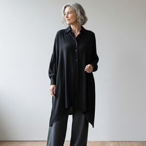 Eskandar Black Silk Button front Tunic Top Oversized Asymmetrical size 1